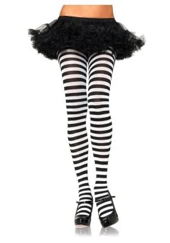 Plus Size Black And White Striped Tights
