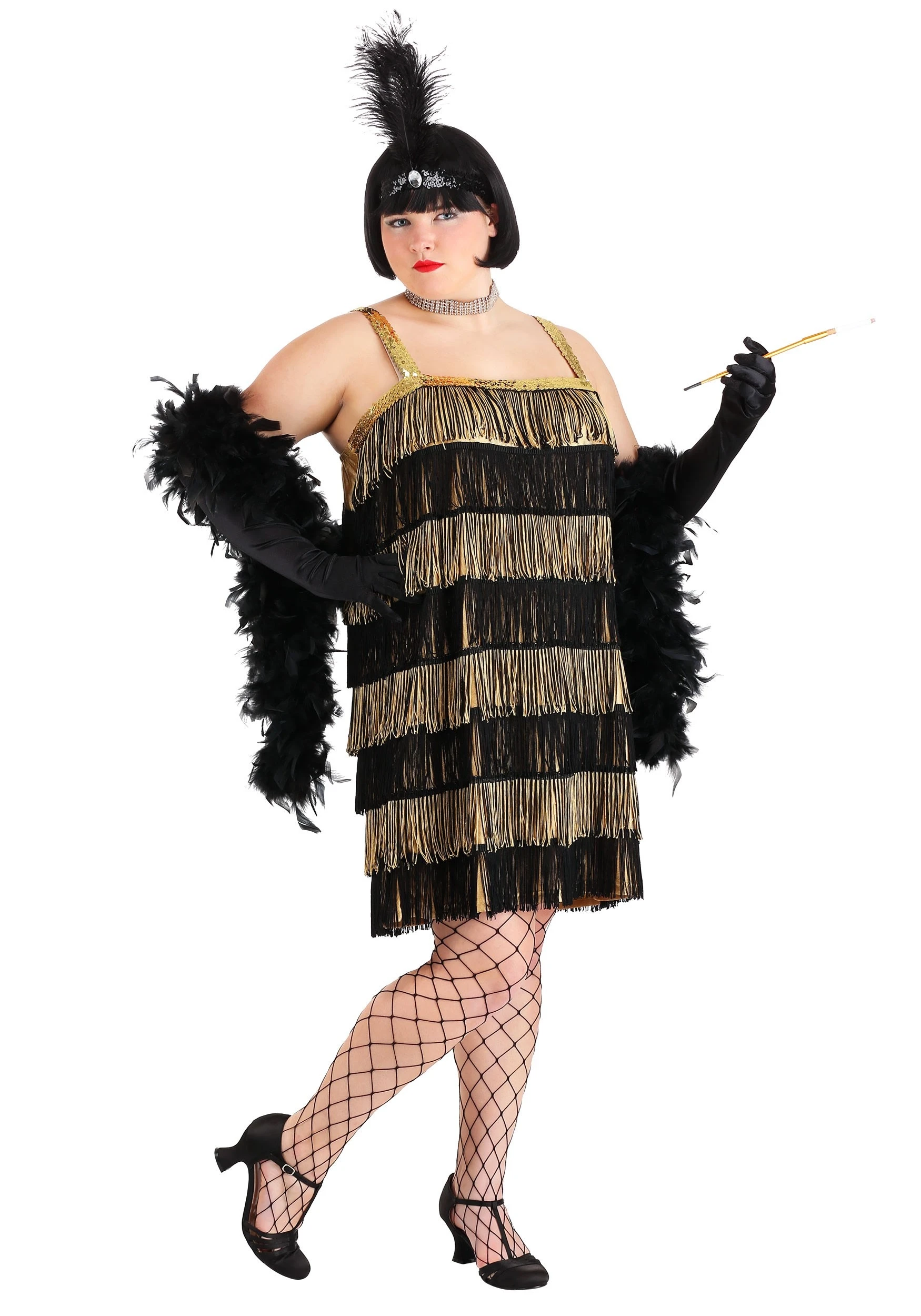 Women's Gold And Black Fringe Flapper Plus Size Costume 1 Women's Gold And Black Fringe Flapper Plus Size Costume